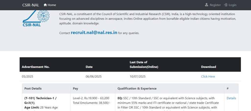 CSIR NAL Recruitment 2025 Apply Link, 10वीं और ITI पास करें आवेदन, अंतिम तिथि 10 जुलाई 2025 3 CSIR HOME PAGE min